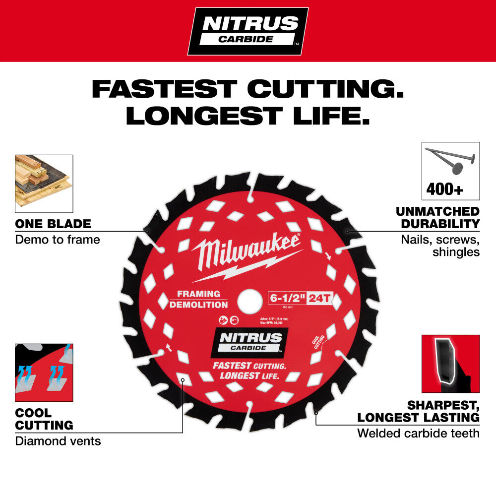 Milwaukee 6-1/2 Inch 24T NITRUS Carbide Framing & Demolition Circular Saw Blade, large image number 4