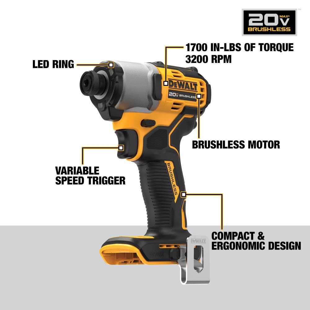 DEWALT 20V MAX Impact Driver 1 4in Brushless Cordless Bare Tool