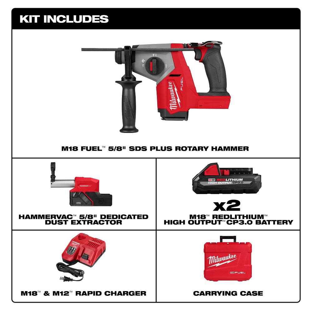 Milwaukee M18 Fuel 5 8 Inch Sds Plus Rotary Hammer With Dust Extractor Kit 2908 22de - Image 3