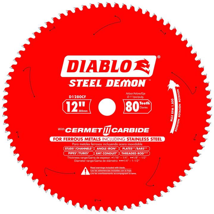 Diablo Tools 12 inch x 80 Tooth TCG Cermet II Steel Demon Thin Metal & Stainless Cutting 1800 RPM Chop Saw Blade with 1 inch Arbor