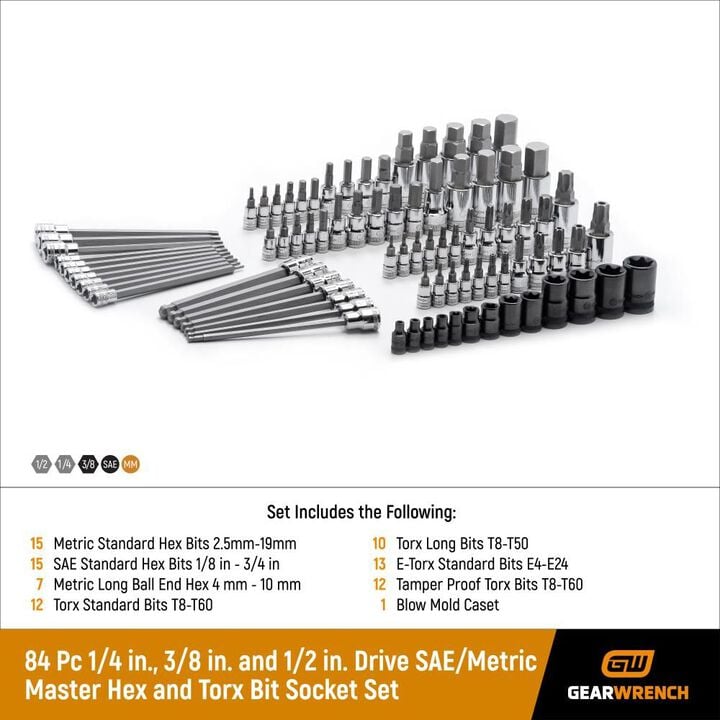GEARWRENCH Master SAE/Metric and TORX Bit Socket Set 84 pc 1/4 3/8 & 1/2 In. Drive, large image number 9