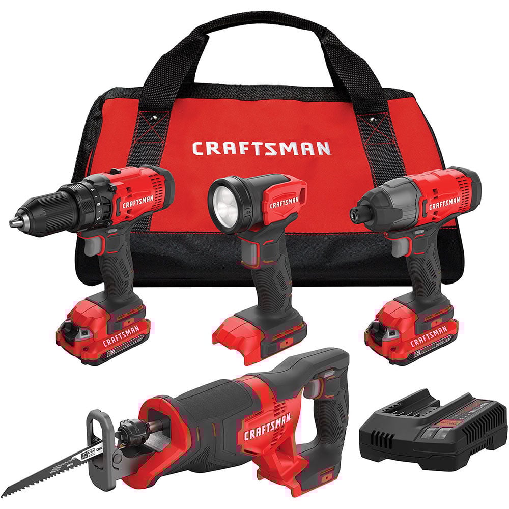 CRAFTSMAN V20 Cordless 4 Tool Combo Kit with Two 2.0 Ah Batteries and Charger - CMCK400D2