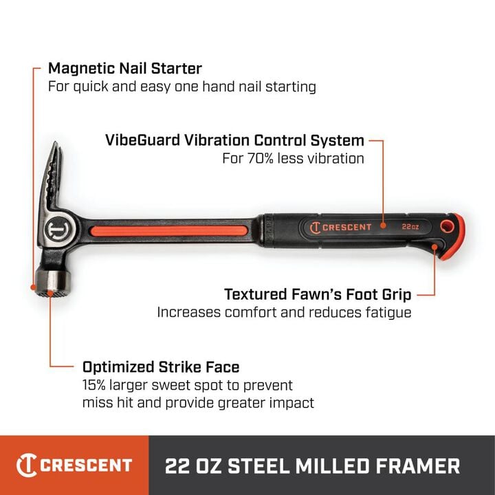 Crescent 22 oz Steel Milled-Face Framing Hammer & 18 inch Indexing Flat Bar Combination, large image number 1
