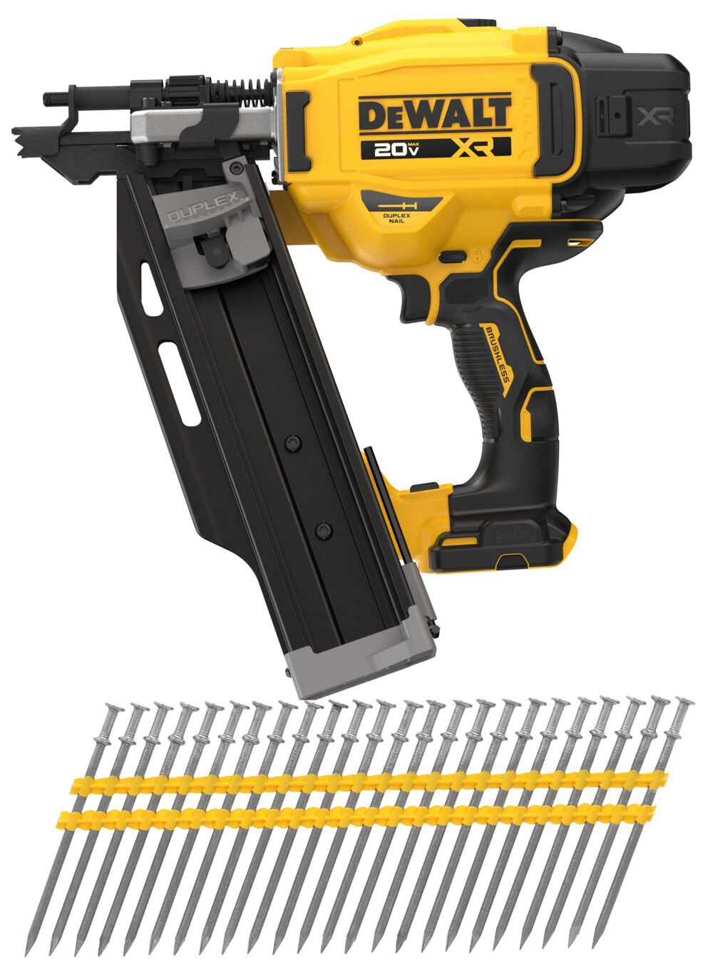 DEWALT 20V Max XR 21 Degree Plastic Collated Duplex Nailer (Bare Tool) and 16D 3-1/2 Inch x 0.131 Inch Collated Duplex Nail Bundle – DEW000011439