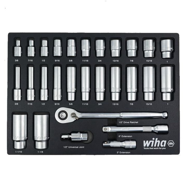 Wiha 1/2 Inch Drive Professional Standard & Deep Socket Tray Set, SAE, 28 Pieces