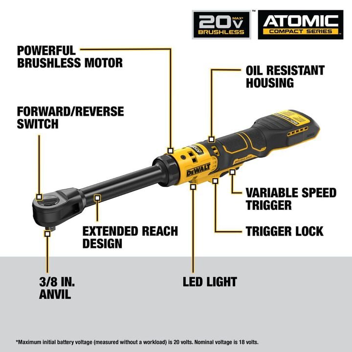 DEWALT 20V MAX ATOMIC 3/8 Inch Extended Reach Ratchet (Bare Tool), large image number 1