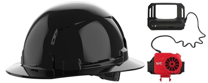 Milwaukee BOLT Black Full Brim Vented Hard Hat with 6pt Ratcheting Suspension Type 1 Class C & USB Cooling Fan Bundle
