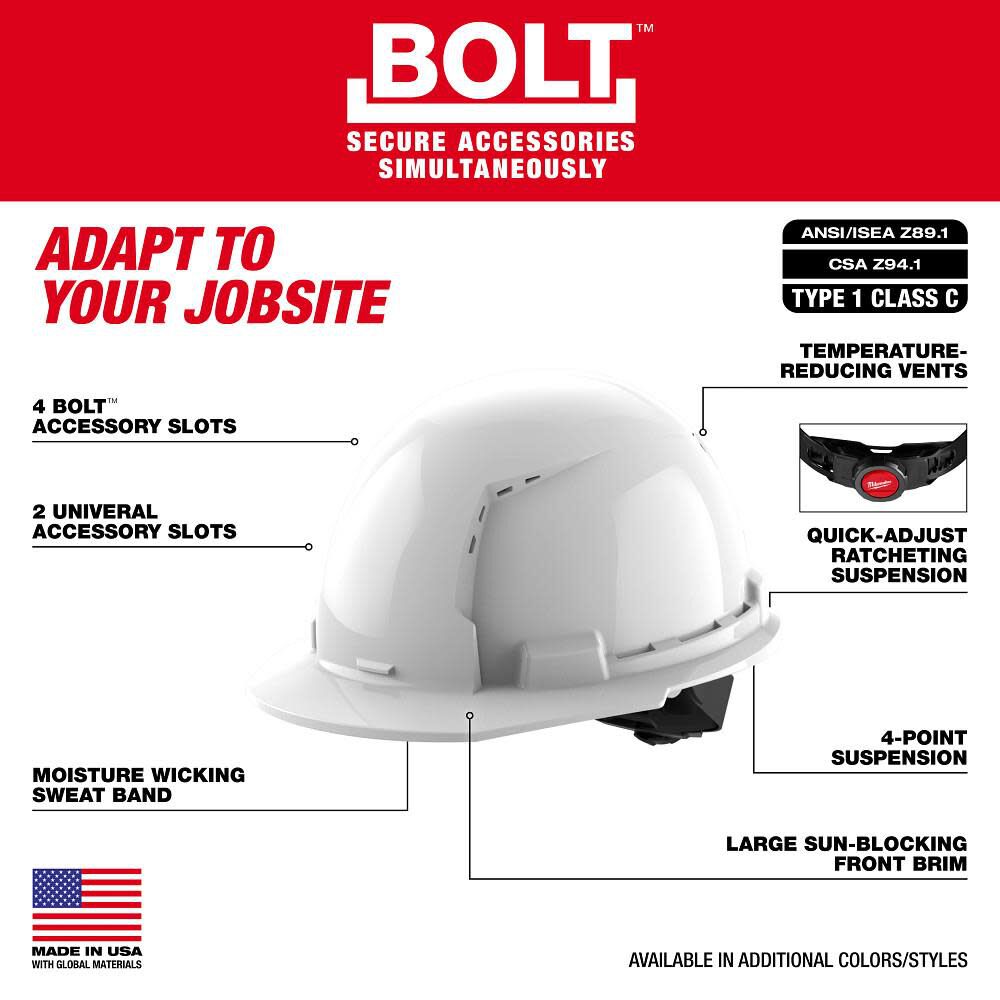 Milwaukee Black Front Brim Vented Hard Hat with 4pt Ratcheting Suspension Type 1 Class C & BOLT Cooling Fan Bundle, large image number 3
