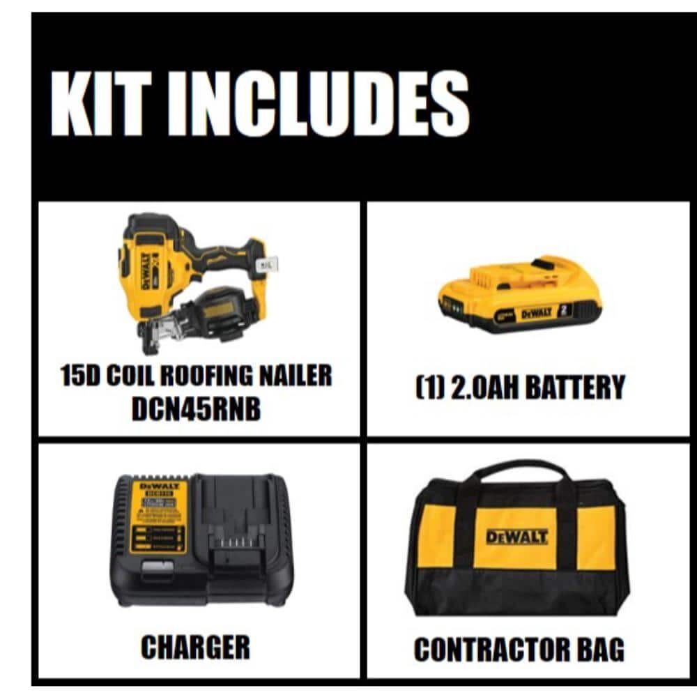 DEWALT 20V MAX 15 Cordless Coil Roofing Nailer Kit DCN45RND1 Acme Tools