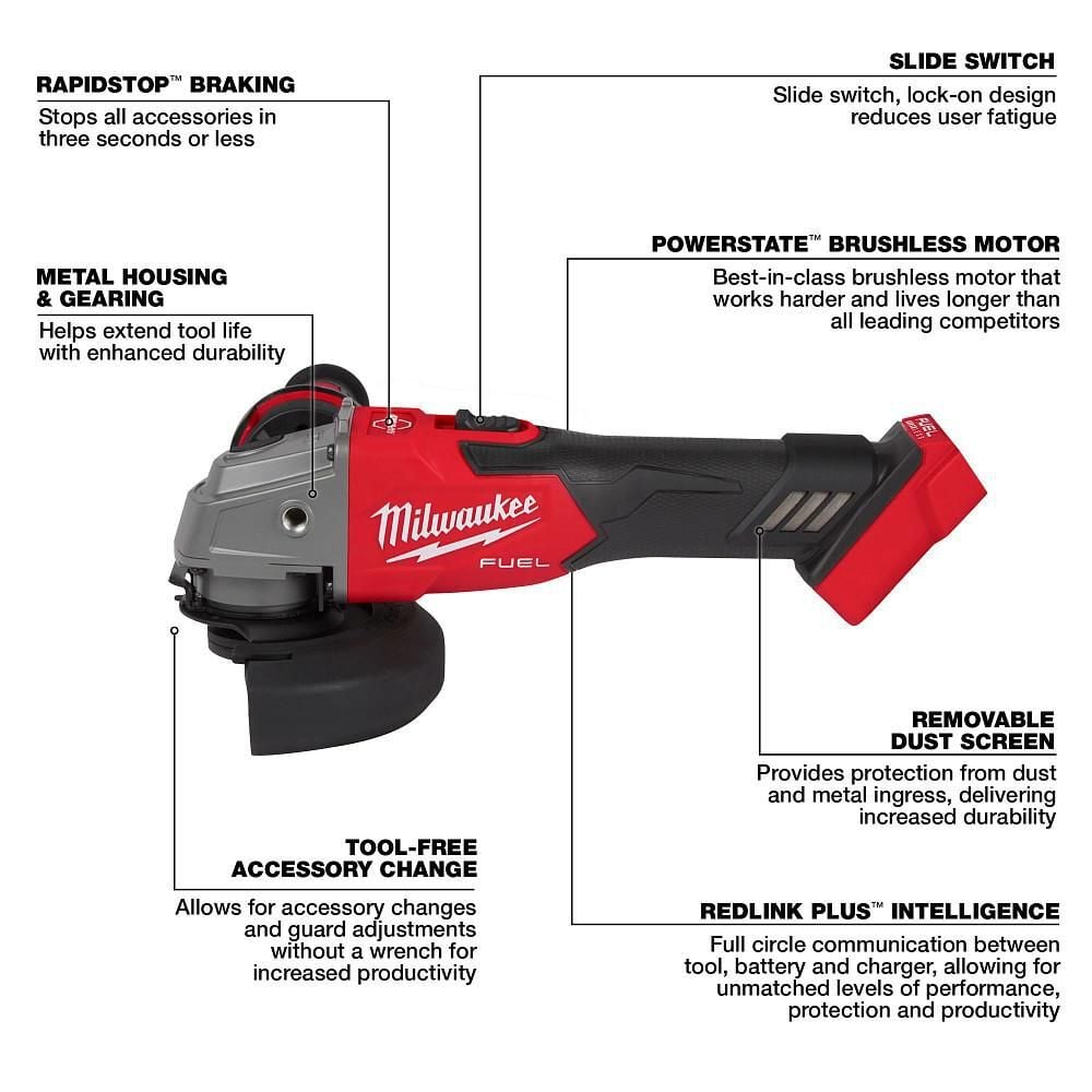 Milwaukee M18 FUEL 4-1/2inch / 5inch Grinder Slide Switch Lock-On (Bare Tool), large image number 3