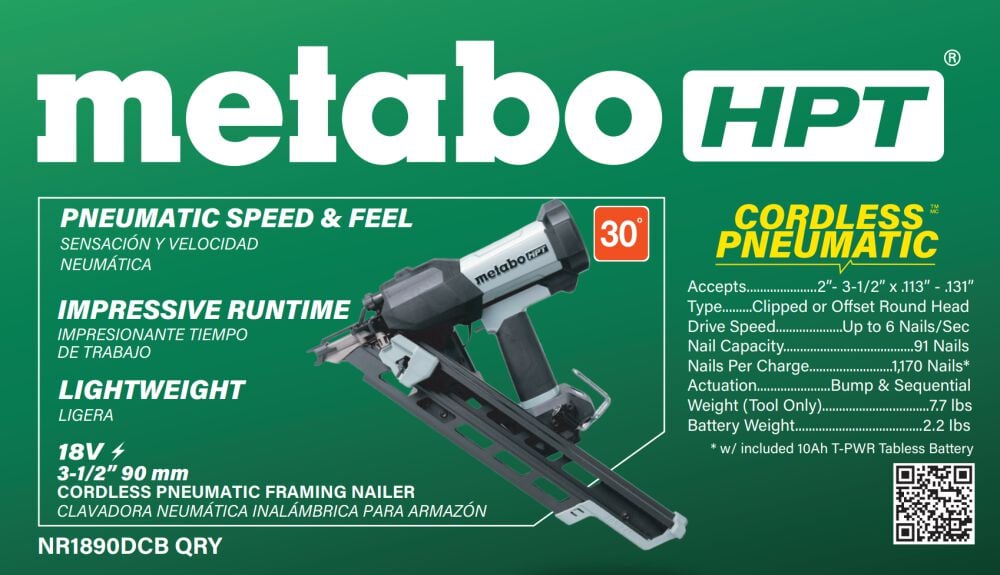 Metabo HPT Cordless Pneumatic 18V 21 Degree Plastic Strip Framing Nailer Kit, large image number 2