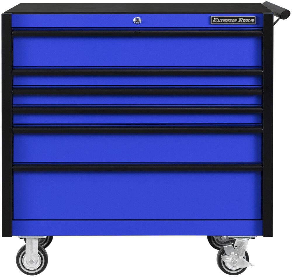 Extreme Tools DX Series 41 Inch W X 25 Inch D 6 Drawer Roller Cabinet 100 lbs Slides Blue with Black Drawer Pulls – DX412506RCBLBK