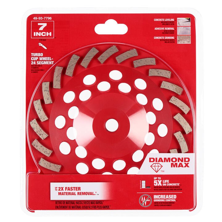 Milwaukee DIAMOND MAX 7 Inch Single Row Segmented Turbo Rim Diamond Cup Wheel for Concrete Grinding (24 Segments), large image number 5