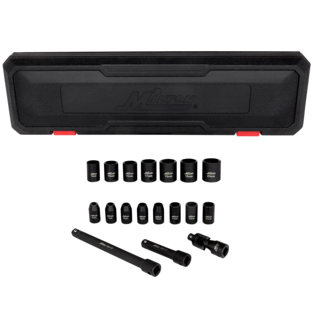 Milton 3/8 Drive Shallow 6-Point Impact Socket Set 6-20mm Steel Coated Black Oxide Finish with Universal Joint & Extension Bars 18pc, large image number 1