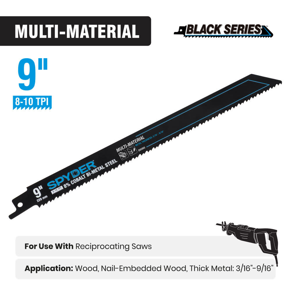 Spyder 9 Inch 8-10 TPI Bi-Metal Reciprocating Saw Blade, large image number 2