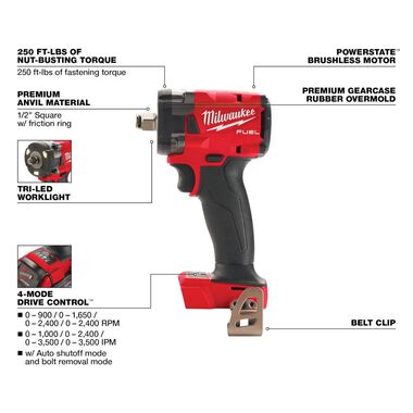 Milwaukee M18 FUEL 1/2 Compact Impact Wrench with Friction Ring (Bare Tool), large image number 2