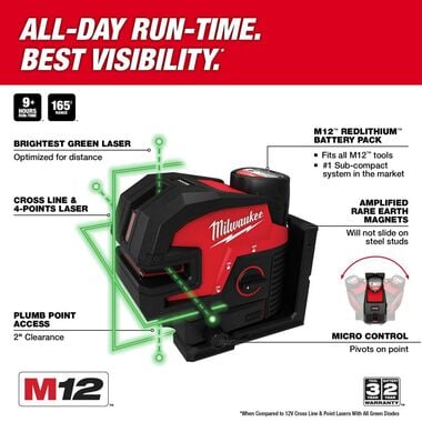 Milwaukee M12 Green Laser Cross Line & 4 Points (Bare Tool), large image number 1