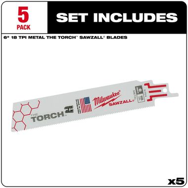 Milwaukee 6 in. 18 TPI THE TORCH SAWZALL Blade 5PK, large image number 1
