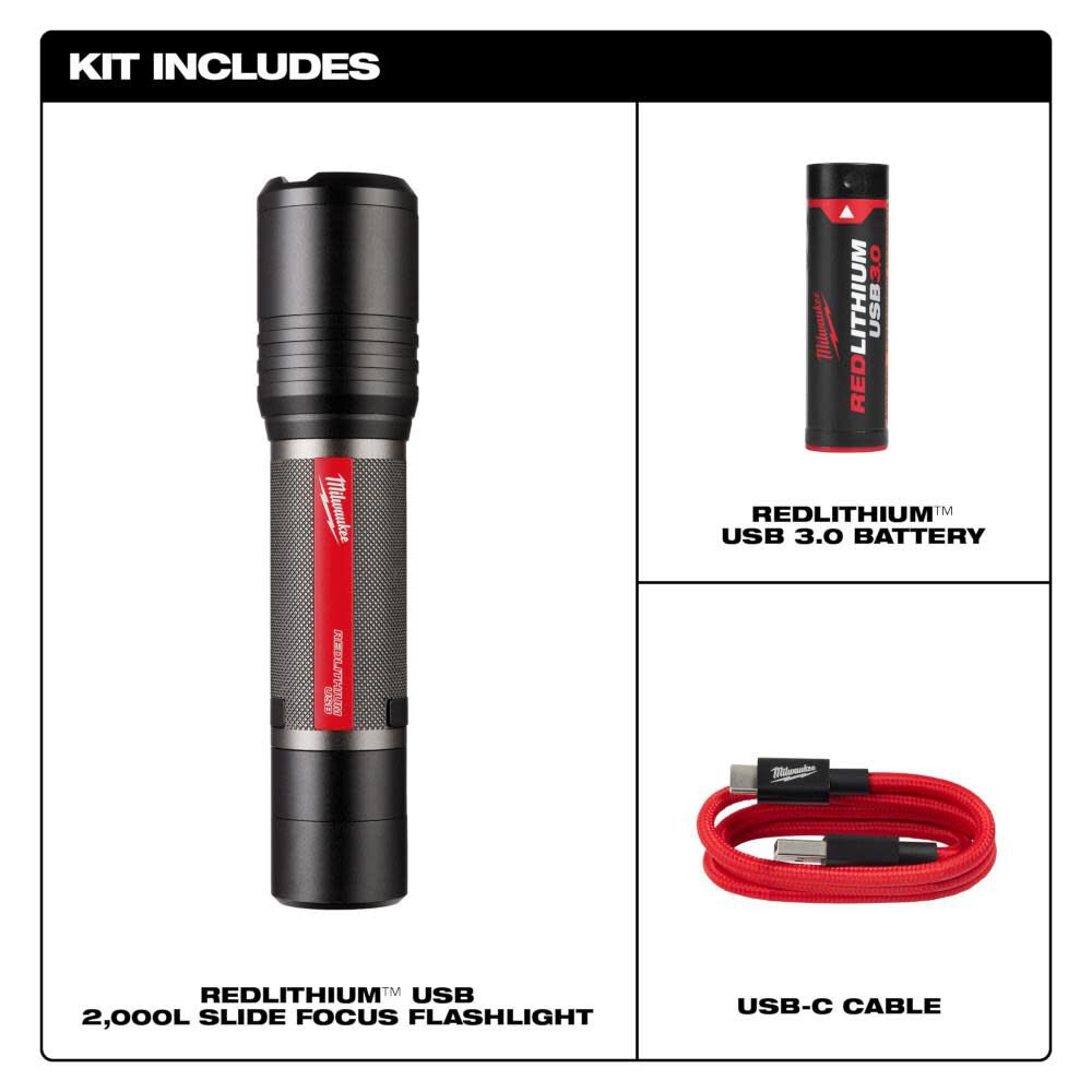 Milwaukee REDLITHIUM USB Flashlight Kit 2000 Lumen Slide Focus 216221