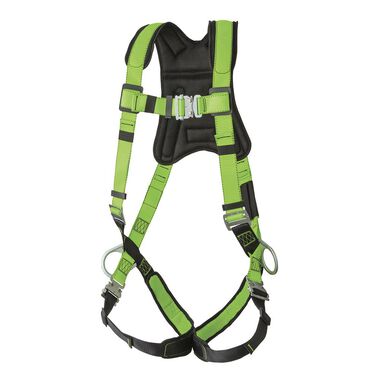 Peakworks Full Body Padded Safety Harness with Back Support 5-Point Adjustment Fall Indicator Back and Side D-Rings Stab Lock Leg Buckles Hi-Vis Green/Black Universal Fit