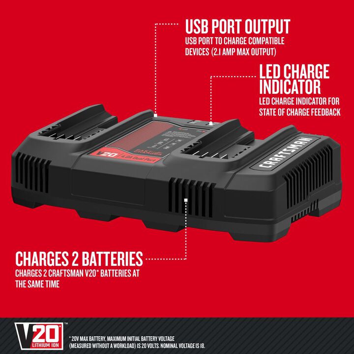 CRAFTSMAN V20 Lithium Ion Dual-Port Charger, large image number 1