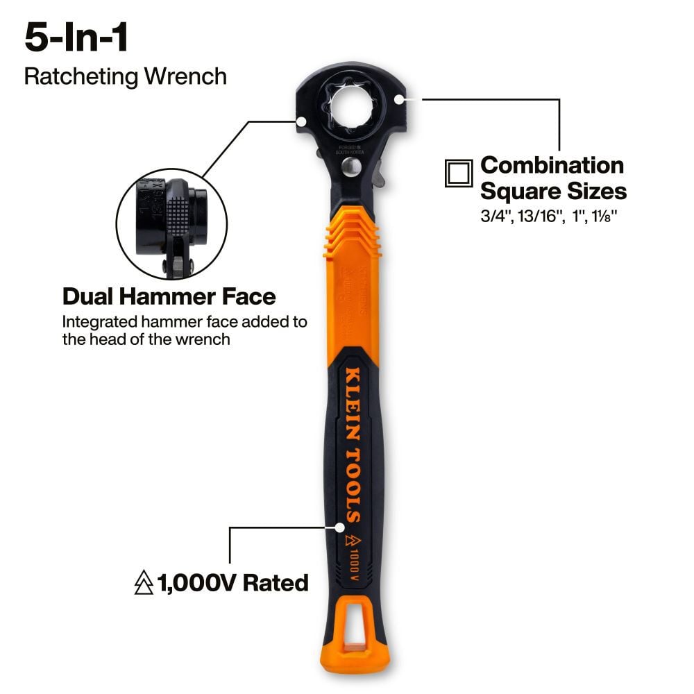 Klein Tools 5-in-1 Hammer Facing Insulated Lineman Wrench, large image number 2