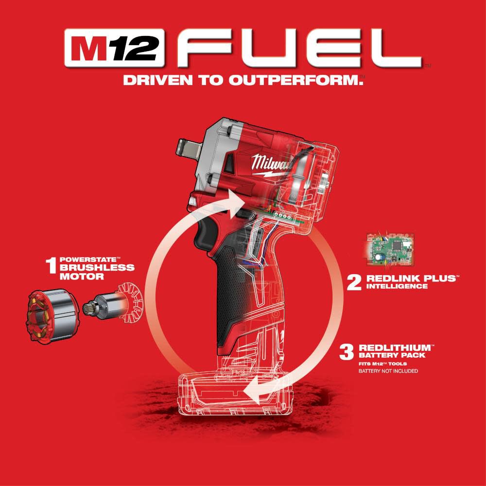 Milwaukee M12 Fuel Stubby 1 2inch Impact Wrench Reconditioned Bare Tool 2555 80 - Image 6
