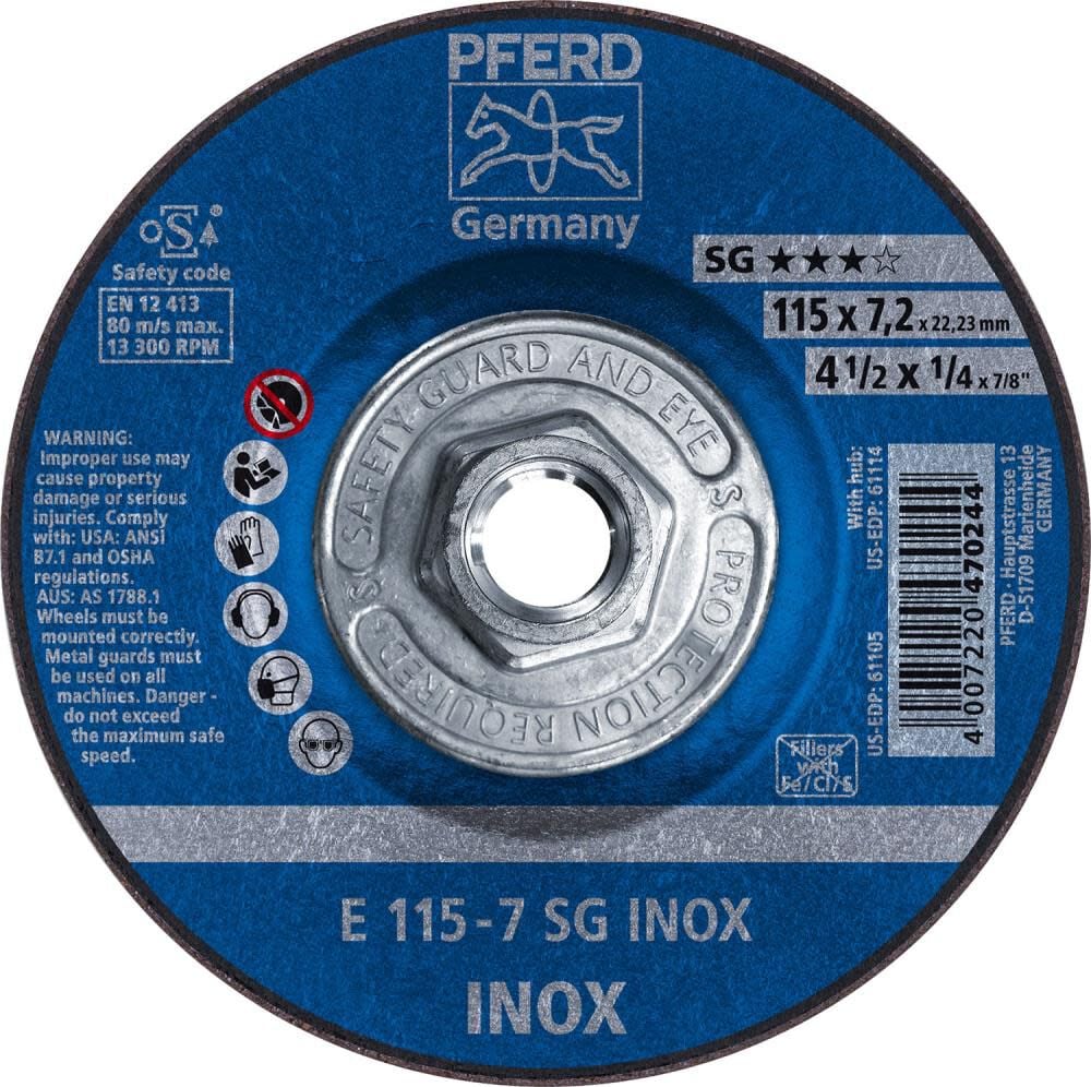 Pferd 4 1/2in x 1/4 Grinding Wheel 5/8-11 Thd SG INOX Type 27, large image number 1