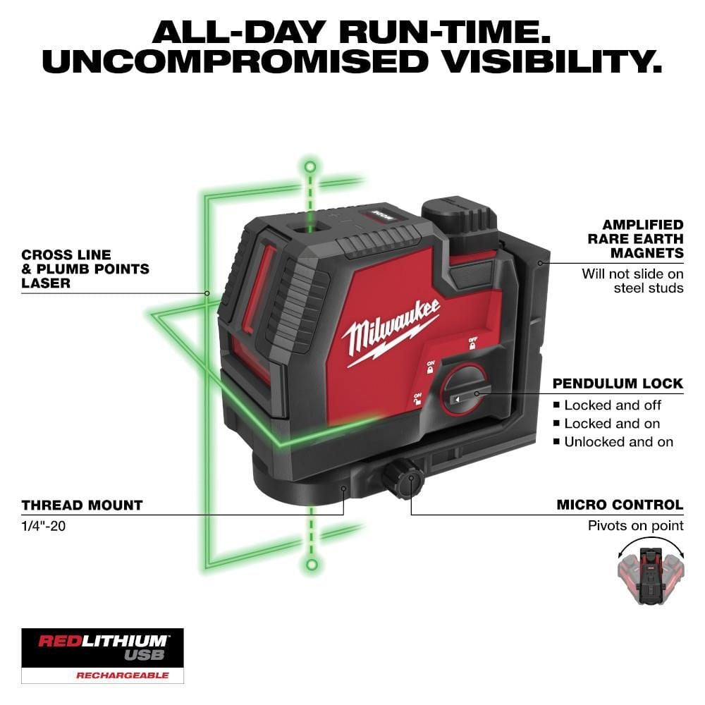 Milwaukee Green Beam Laser Cross Line Plumb Point USB Rechargeable, large image number 2
