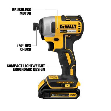 DEWALT 20 V MAX 1/4-in Brushless Impact Driver Kit, large image number 1