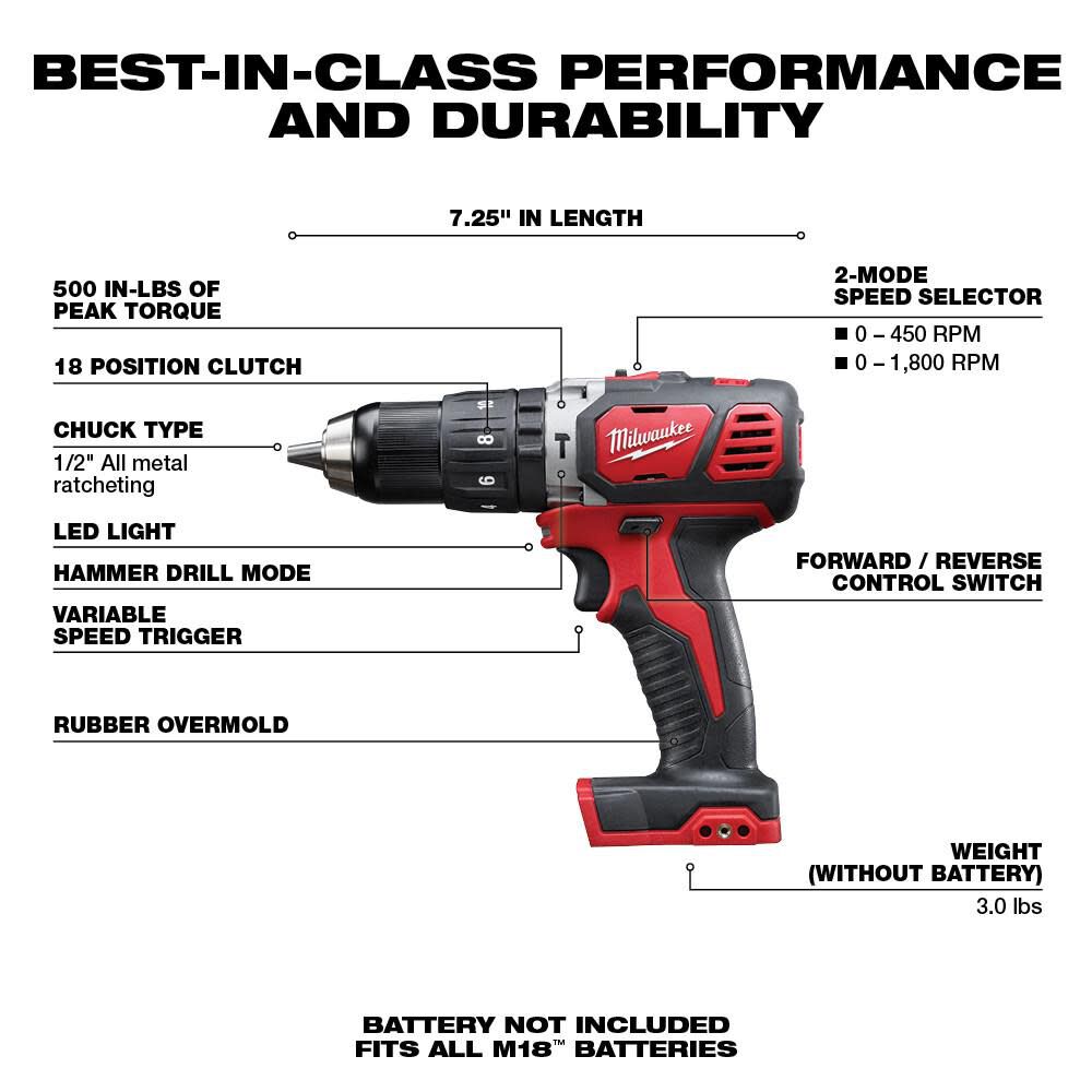 Milwaukee M18 Compact 1/2inch Hammer Drill/Driver (Bare Tool) Reconditioned, large image number 2