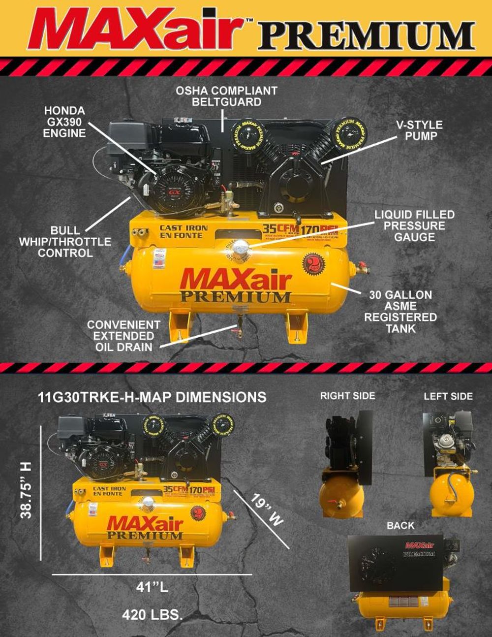 MAXair Air Compressor 13 HP 30 Gallon Gasoline Truck Mount, large image number 5