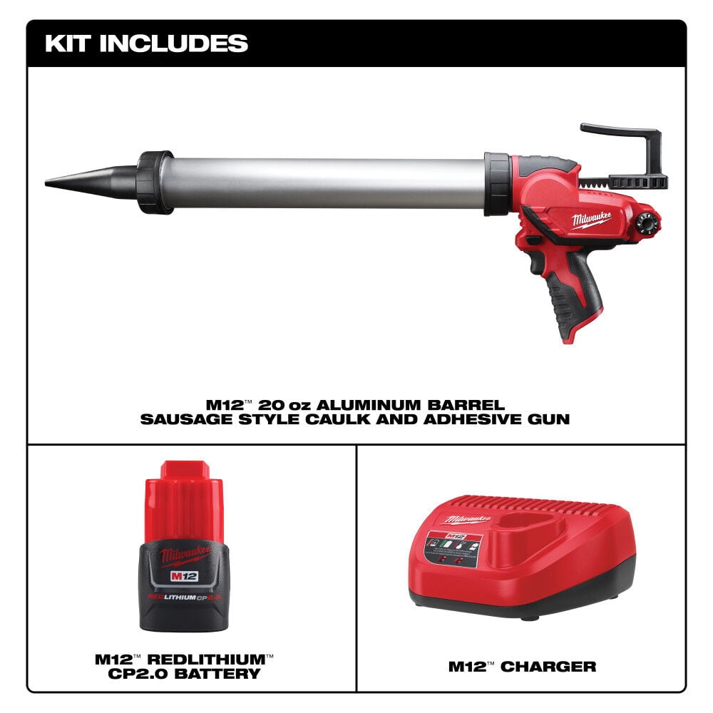 Milwaukee M12 20oz. Aluminum Barrel Sausage Style Caulk and Adhesive Gun Kit, large image number 2