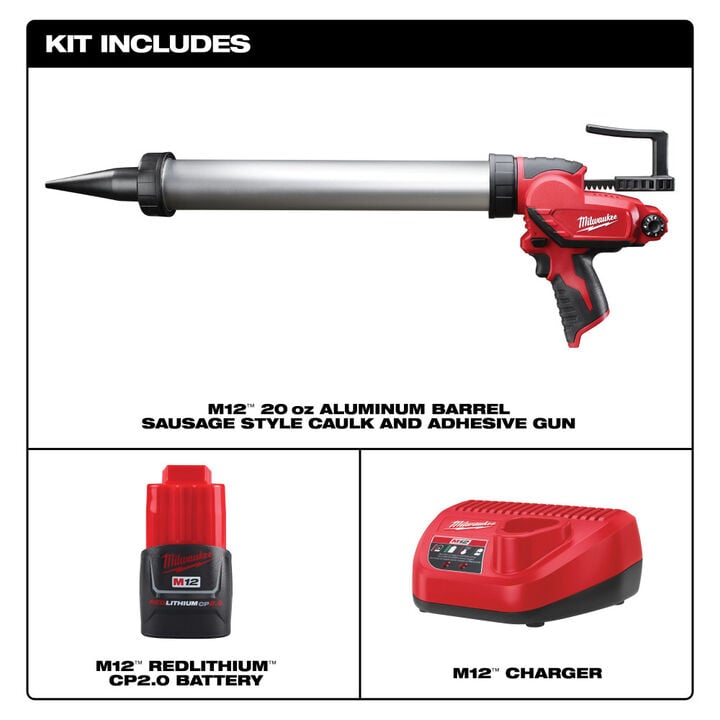 Milwaukee M12 20oz. Aluminum Barrel Sausage Style Caulk and Adhesive Gun Kit, large image number 1