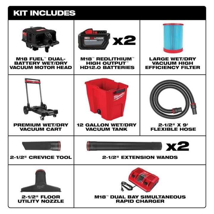 Milwaukee M18 FUEL Vacuum Kit 12 Gallon 36V Wet/Dry, large image number 1