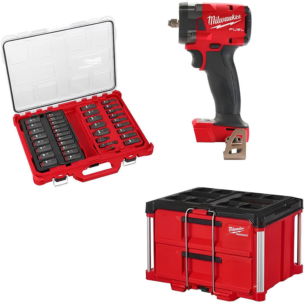 Milwaukee M18 Impact Wrench (Bare Tool) 36-Piece Socket Set 2-Drawer Tool Box Bundle, large image number 1