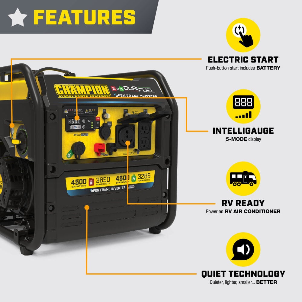 Champion Power Equipment 4500-Watt Electric Start Dual Fuel 49 State RV Ready Portable Open Frame Inverter Generator with Quiet Technology, large image number 4
