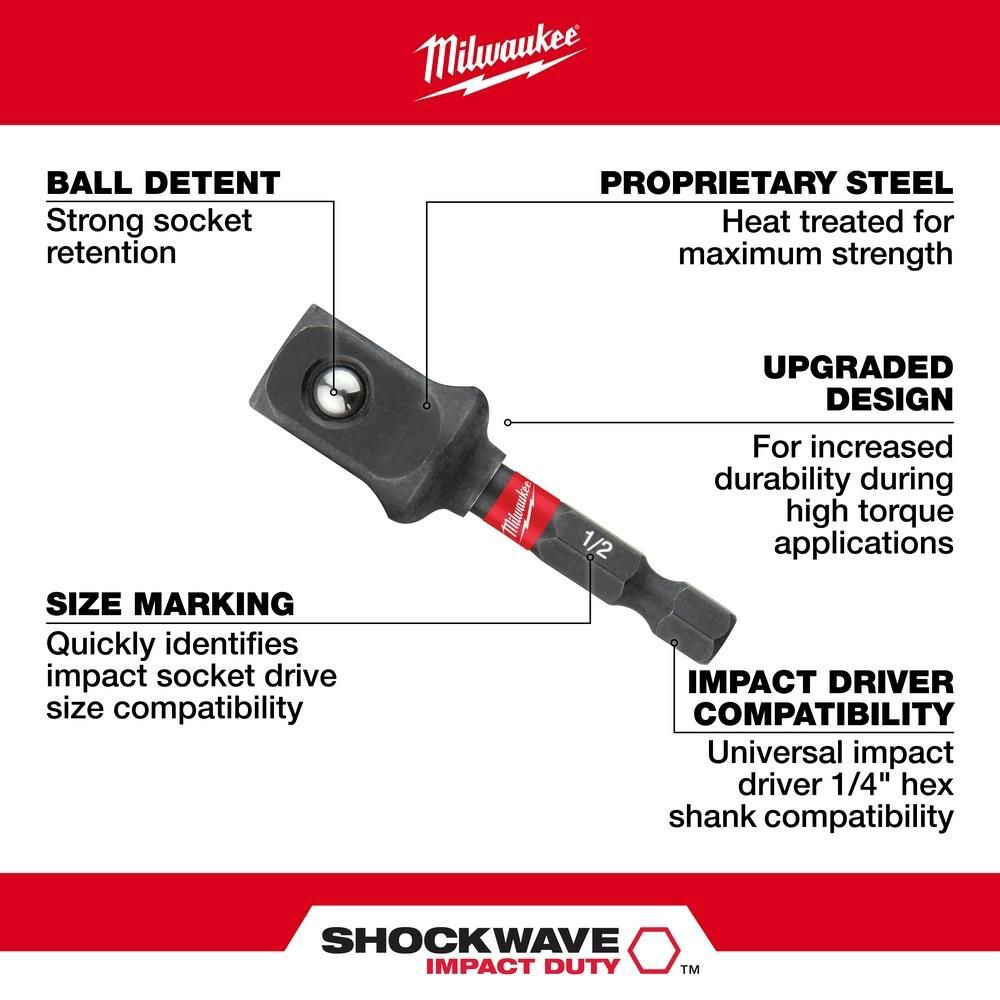 Milwaukee SHOCKWAVE Square Socket Adapter 1/4in Hex to 1/2in, large image number 2