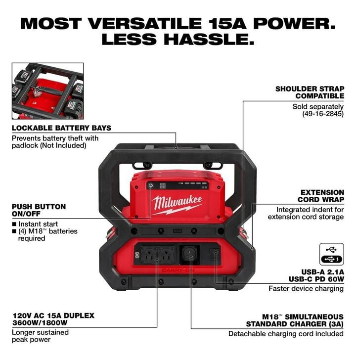 Milwaukee M18 Carry-On 3,600 Watt Lithium-Ion Battery Portable Power Supply (Bare Tool), large image number 2
