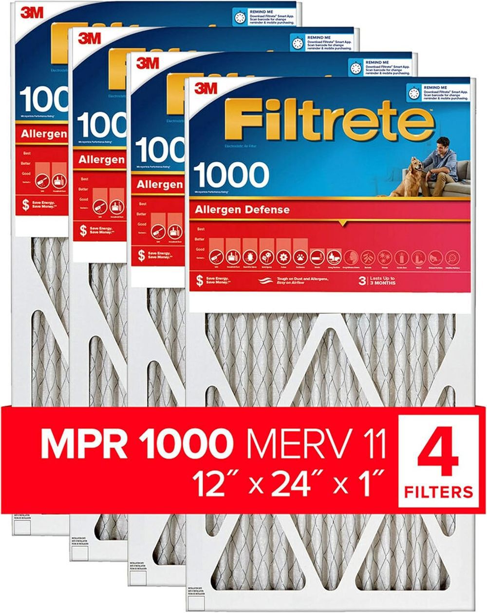 3M Filtrete 12 x 24 x 1-Inch 1000 MPR MERV 11 Allergen Defense Furnace Air Filter, 4-Pack, large image number 1