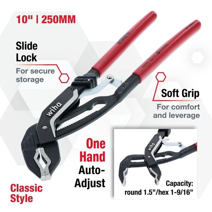 Wiha Classic Auto Grip V Jaw Tongue & Groove Pliers 10in, large image number 1