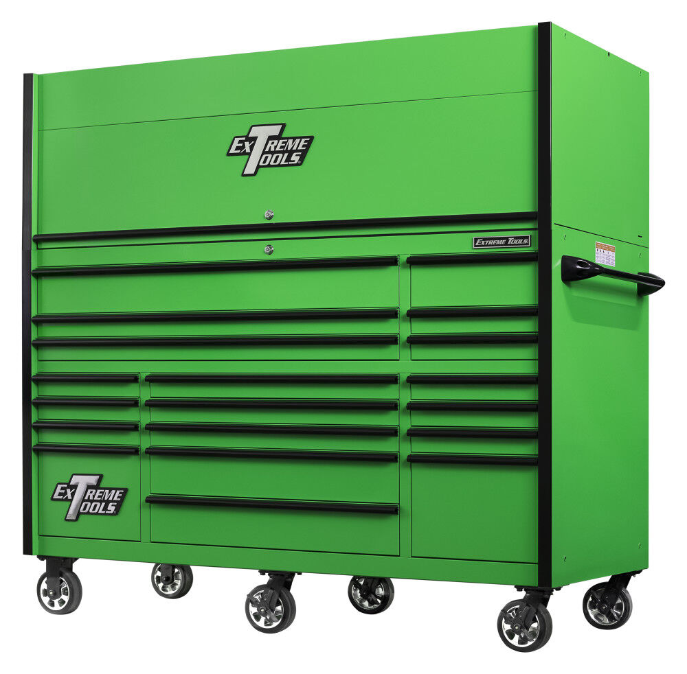Extreme Tools RX Series 72 Inch W x 30 Inch D Professional Extreme Power Workstation Hutch & 19 Drawer Roller Cabinet 250 lbs Slides Combo Green with Black Drawer Pulls, large image number 2