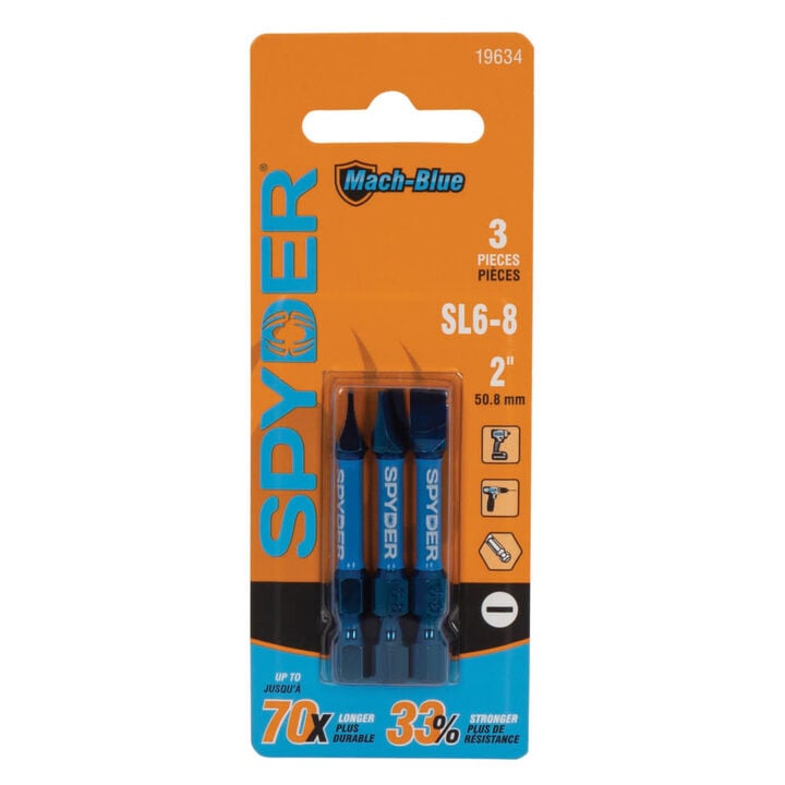 Spyder 2 Inch Long SL6-8 Slotted Flat-tip Impact Driver Driver Bit, 3 Pieces