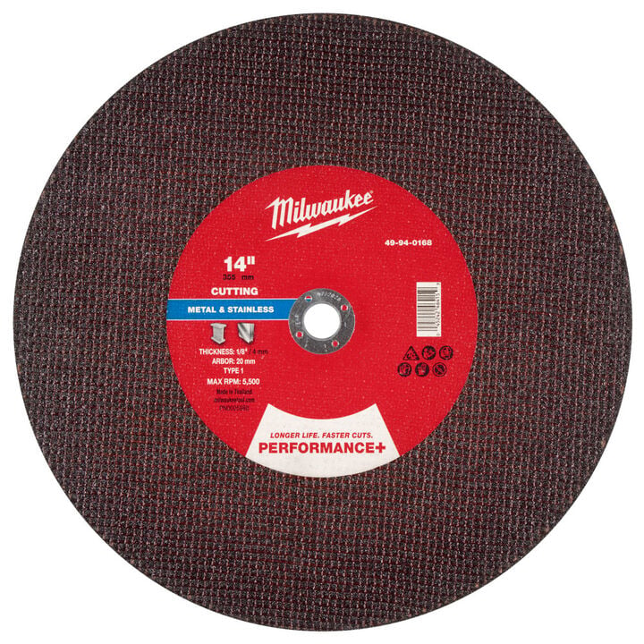 Milwaukee 14 Inch x 1/8 Inch x 20mm Performance+ Metal Cut Off Wheel Type 1, large image number 0
