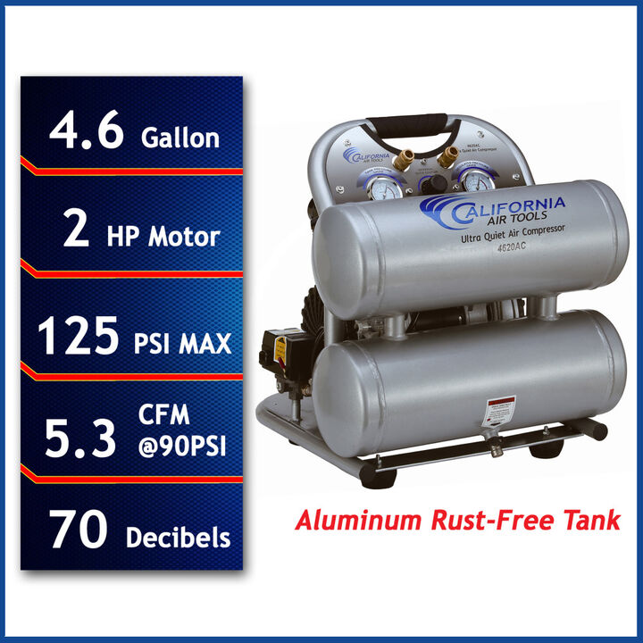 California Air Tools Ultra Quiet Oil-Free Corded 2HP 4.6 Gallon Aluminum Twin Tank Air Compressor, large image number 1