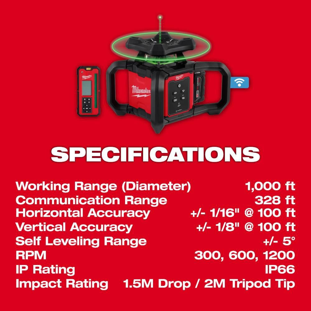 Milwaukee M18 Green Interior Rotary Laser Level Kit with Remote/Receiver & Wall Mount Bracket, large image number 6