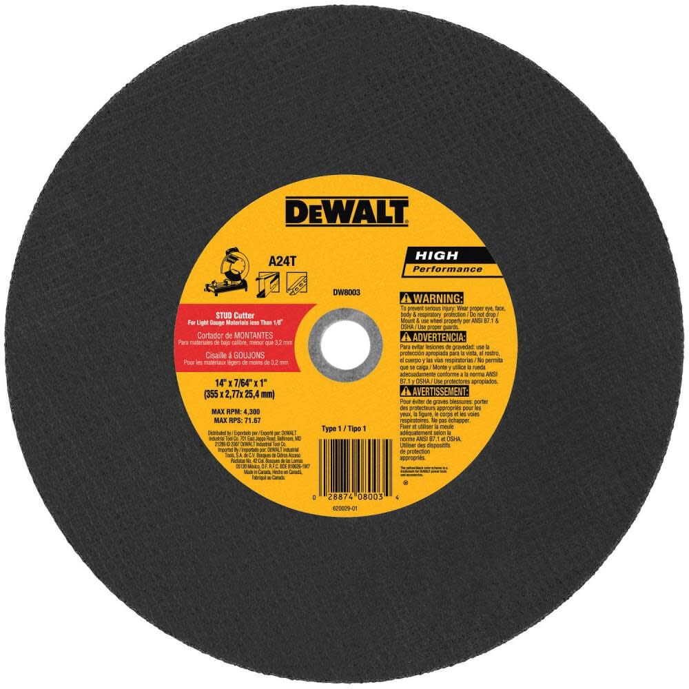 DEWALT 14 In. x 7/64 In. x 1 In. Stud Cutting Wheel, large image number 1