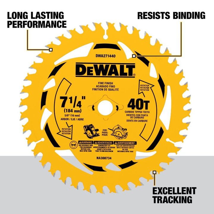 DEWALT 7-1/4 Inch Circular Saw Blade 40 Tooth with 5/8 Inch Arbor, large image number 1