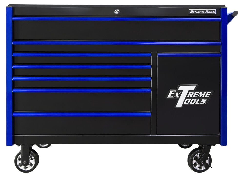 Extreme Tools DX Series 55 Inch W x 25 Inch D 8 Drawer Roller Cabinet Including Power Tool Drawer 100 lb Slides Black with Blue Drawer Pulls, large image number 1