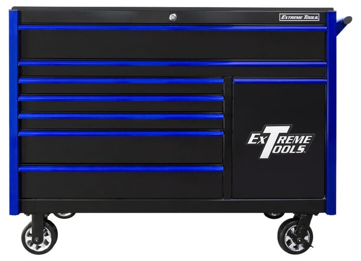 Extreme Tools DX Series 55 Inch W x 25 Inch D 8 Drawer Roller Cabinet Including Power Tool Drawer 100 lb Slides Black with Blue Drawer Pulls, large image number 0
